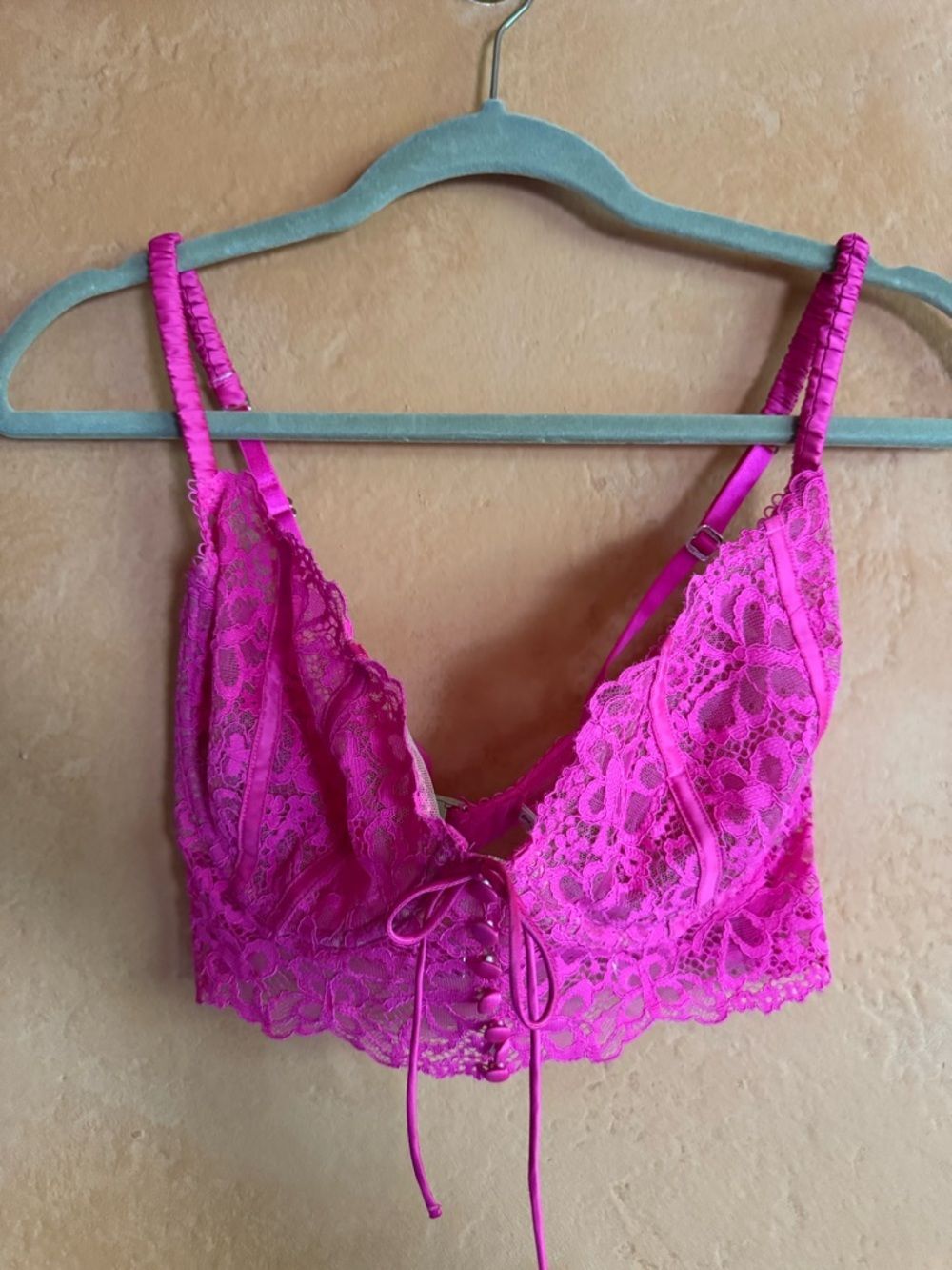 For Love & Lemons 34DD Lace Bralette Pink Tie Front Bustier